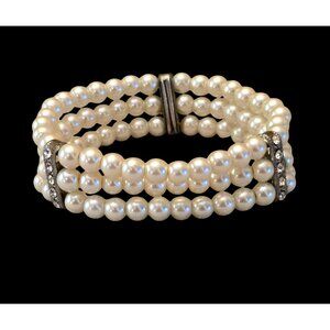 Vintage Inspired Faux Pearl Stretch Bracelet Three Rows  Rhinestone Accents
